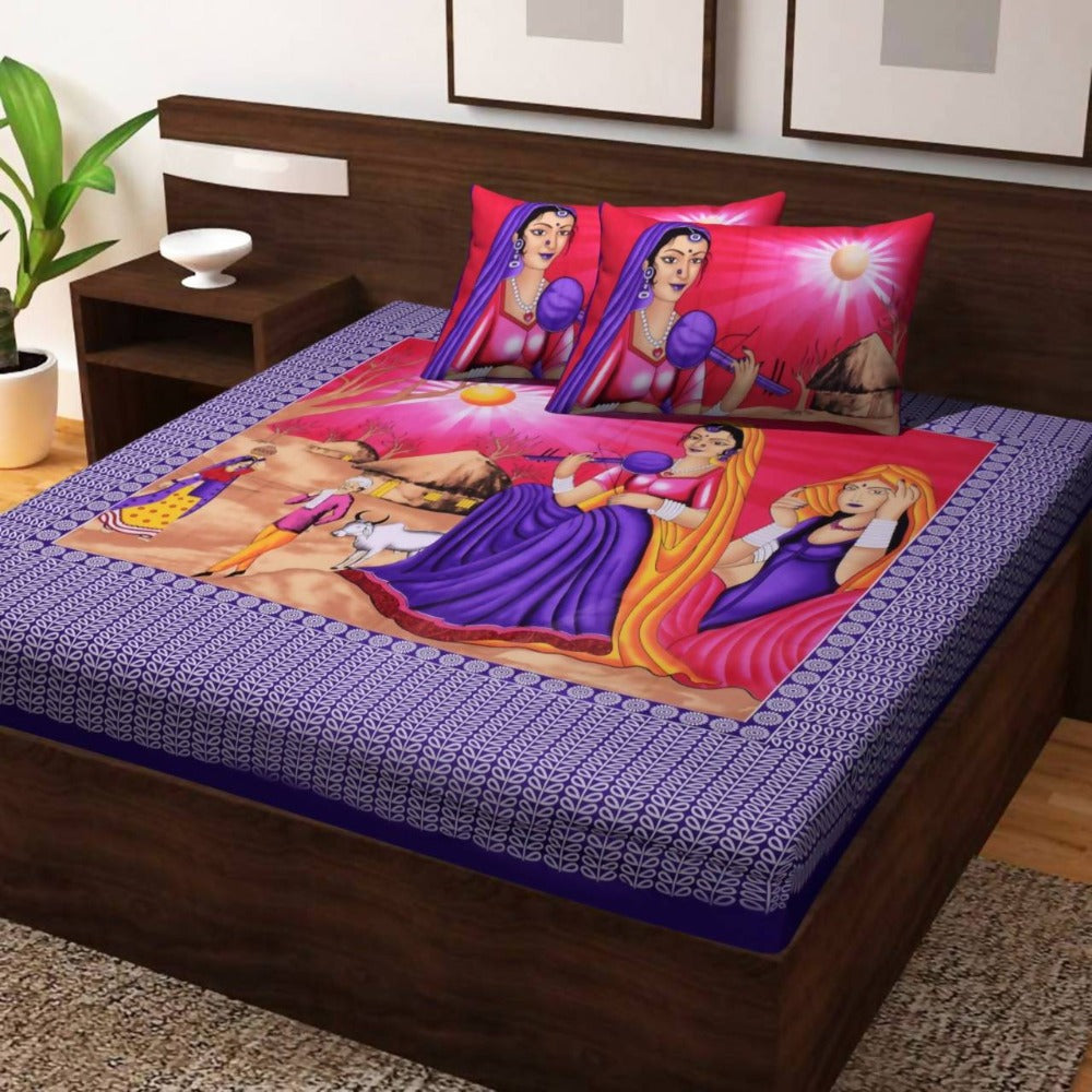 Vamika Printed Beautiful Design Cotton Blue Bedsheet With Pillow Covers (PM Veena Blue)