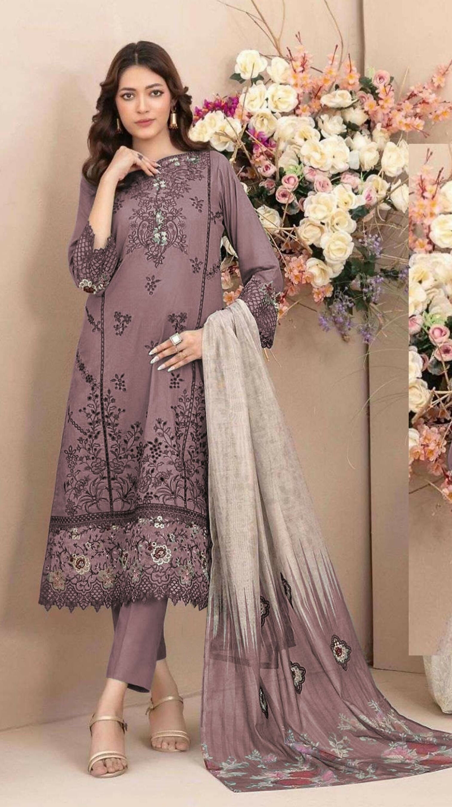 Anaita Mauve Cambric Cotton Stitched Suit with Embroidery & Sequence Work - Distacart