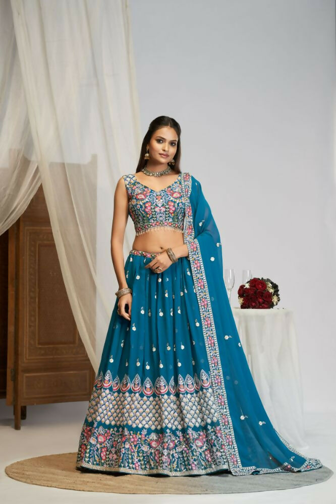 White Multicolor Thread Sequence Embroidery Work Georgette Lehenga Choli Set - Jihu Culture