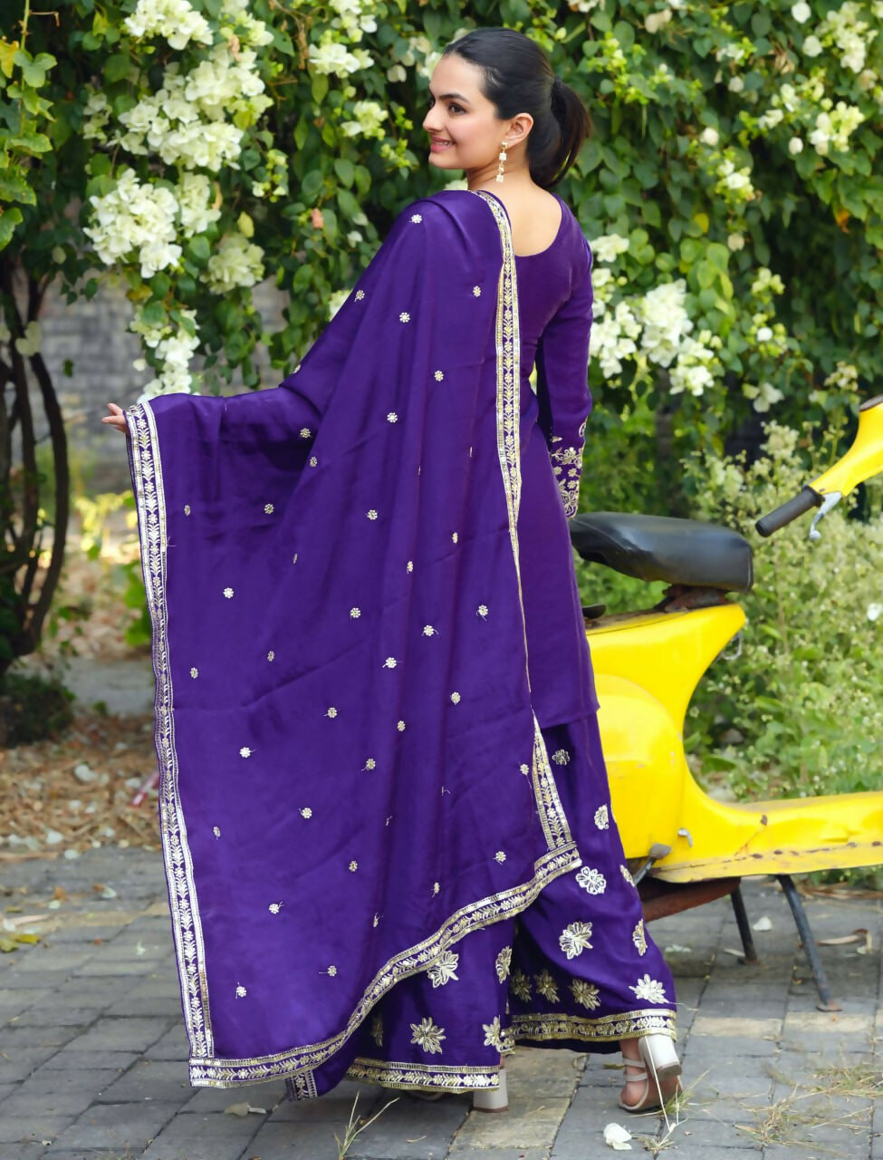 Teeya Creation Purple Color Chinon Silk Wedding Wear Trending Palazzo Set - Distacart