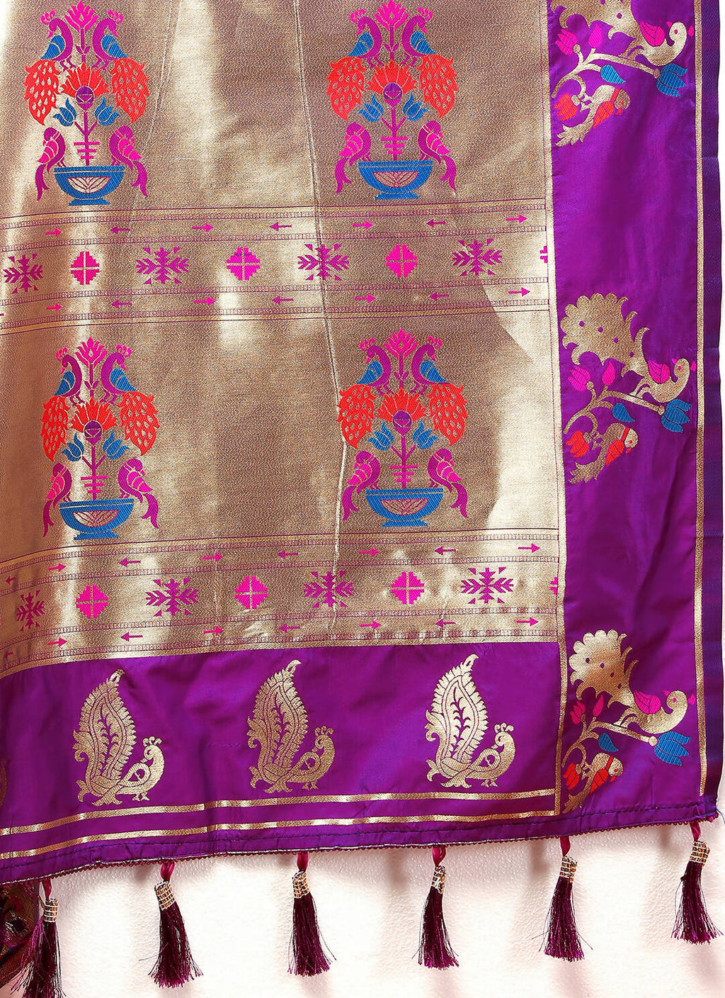 Lorenvalley Fashion Wine Soft Paithani Silk Woven Design Copper Zari Meenakari Weaving Saree