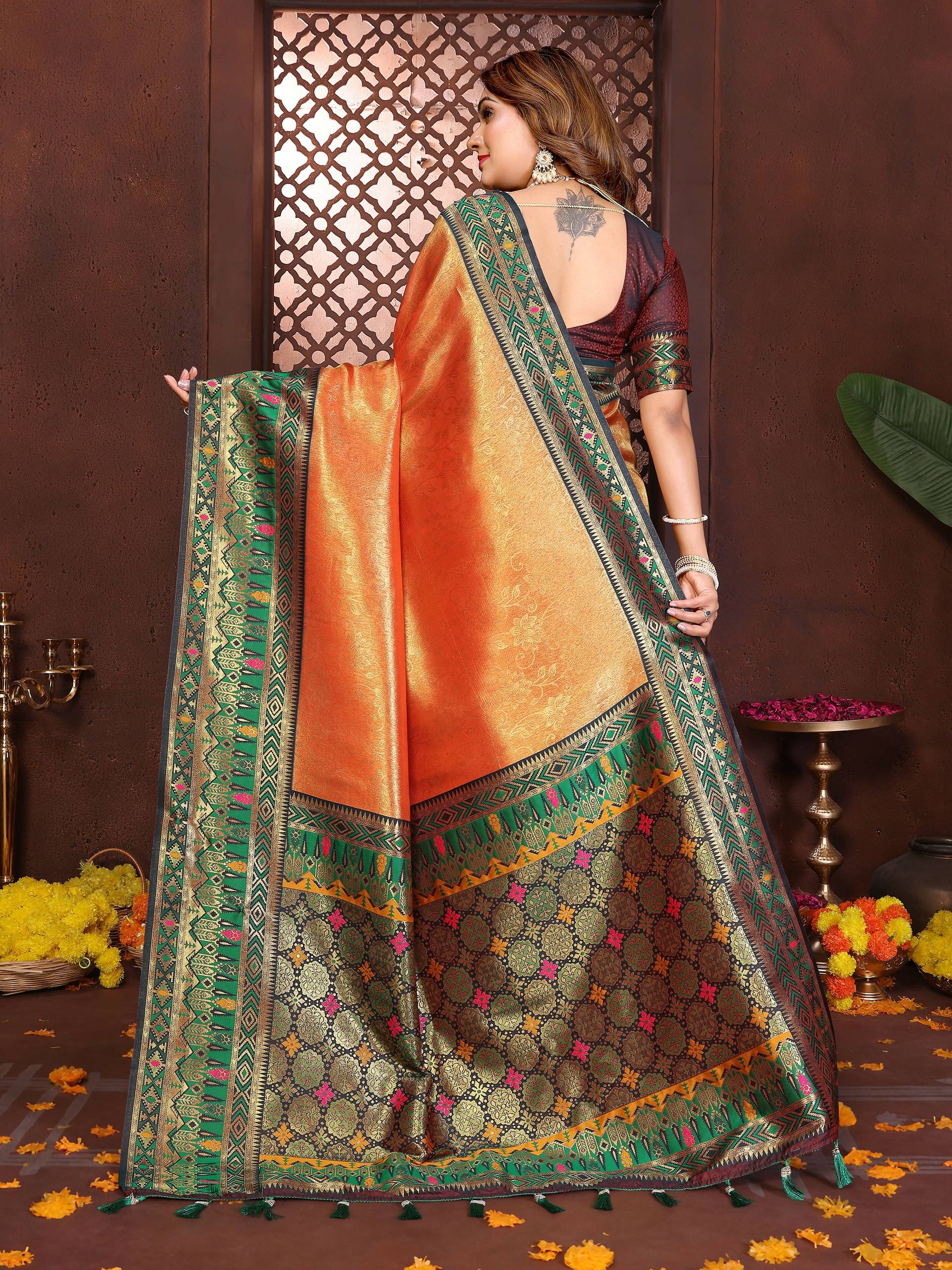 Aastha Fashion Orange Tissue Silk Weaving Saree - Distacart