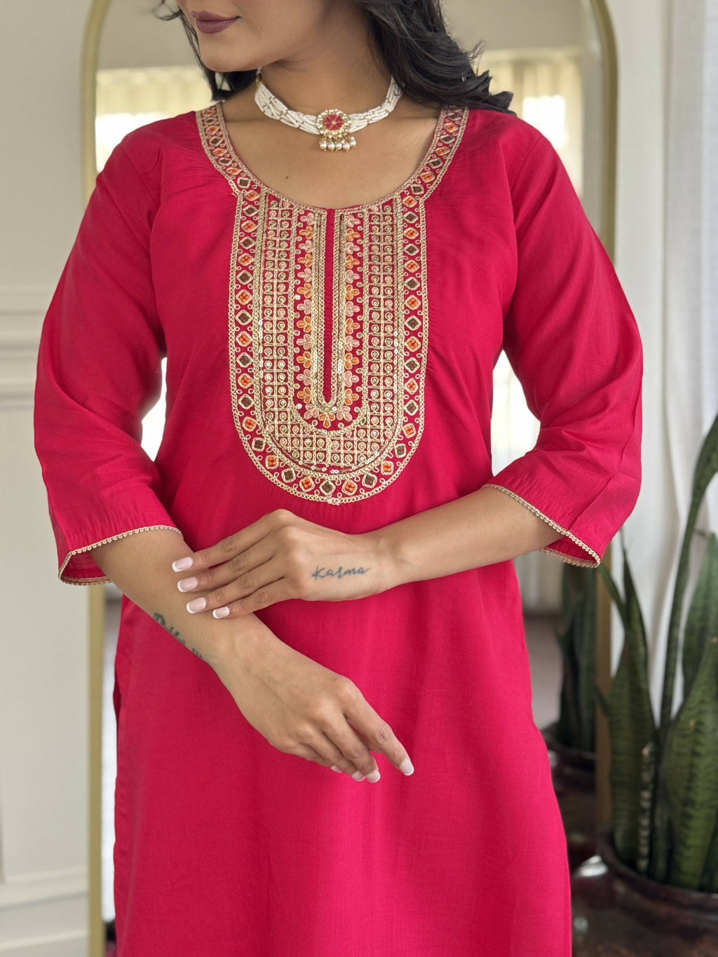 The52 Rani Gorgeous Embroidered Chanderi Silk Fabric Straight Kurta Pant with Dupatta Set - Distacart