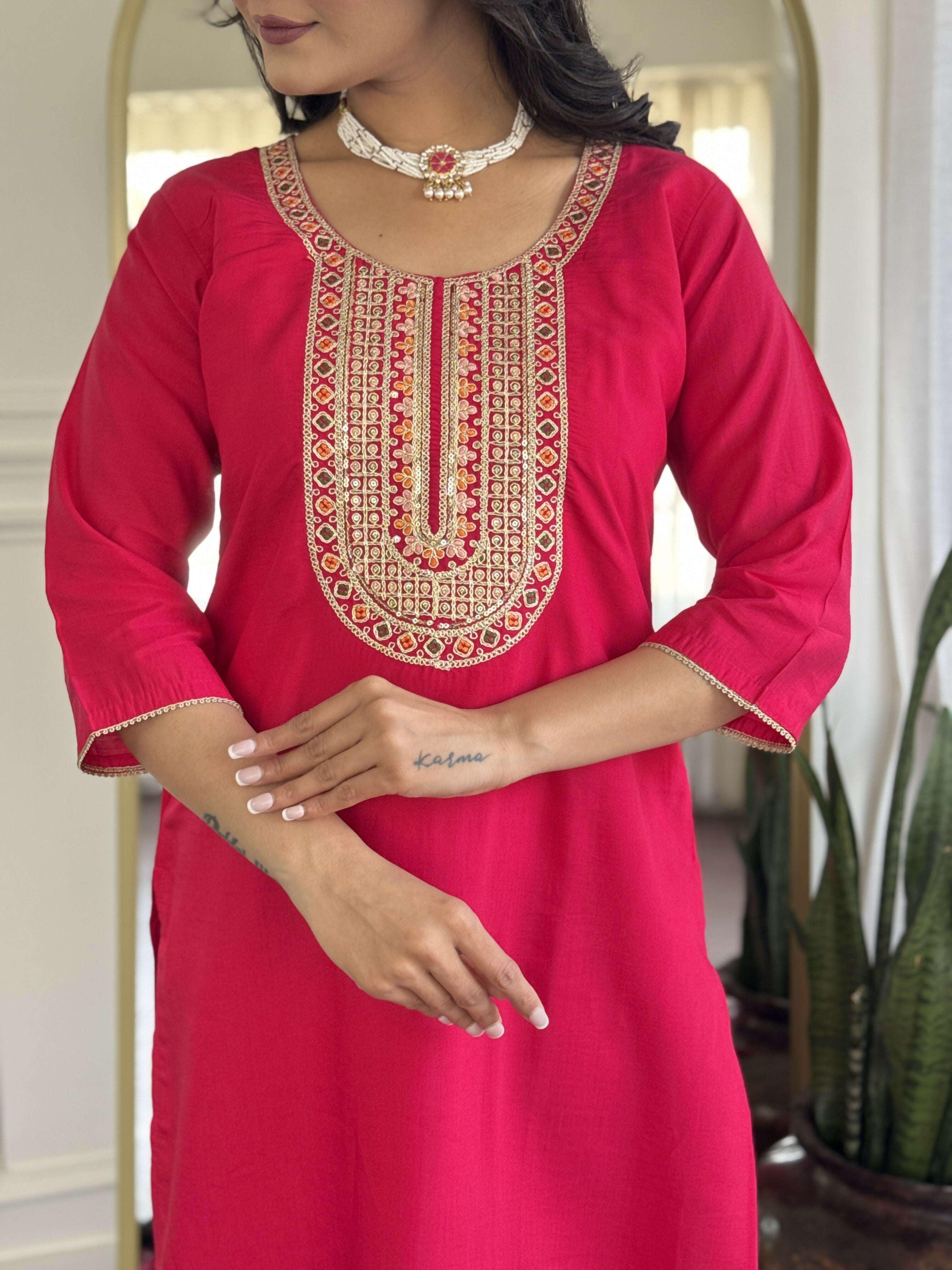 The52 Rani Gorgeous Embroidered Chanderi Silk Fabric Straight Kurta Pant with Dupatta Set - Distacart