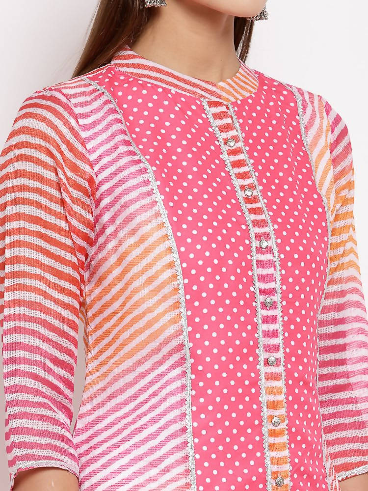 Myshka Women's Pink Cotton Printed 3/4 Sleeve Round Neck Casual Kurta