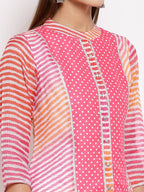Myshka Women's Pink Cotton Printed 3/4 Sleeve Round Neck Casual Kurta