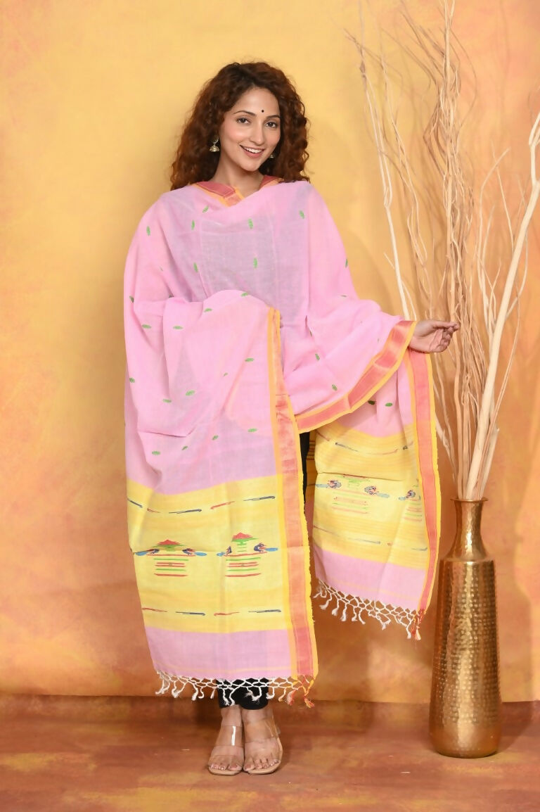Very Much Indian Handloom Pure Cotton Paithani Dupatta Pink