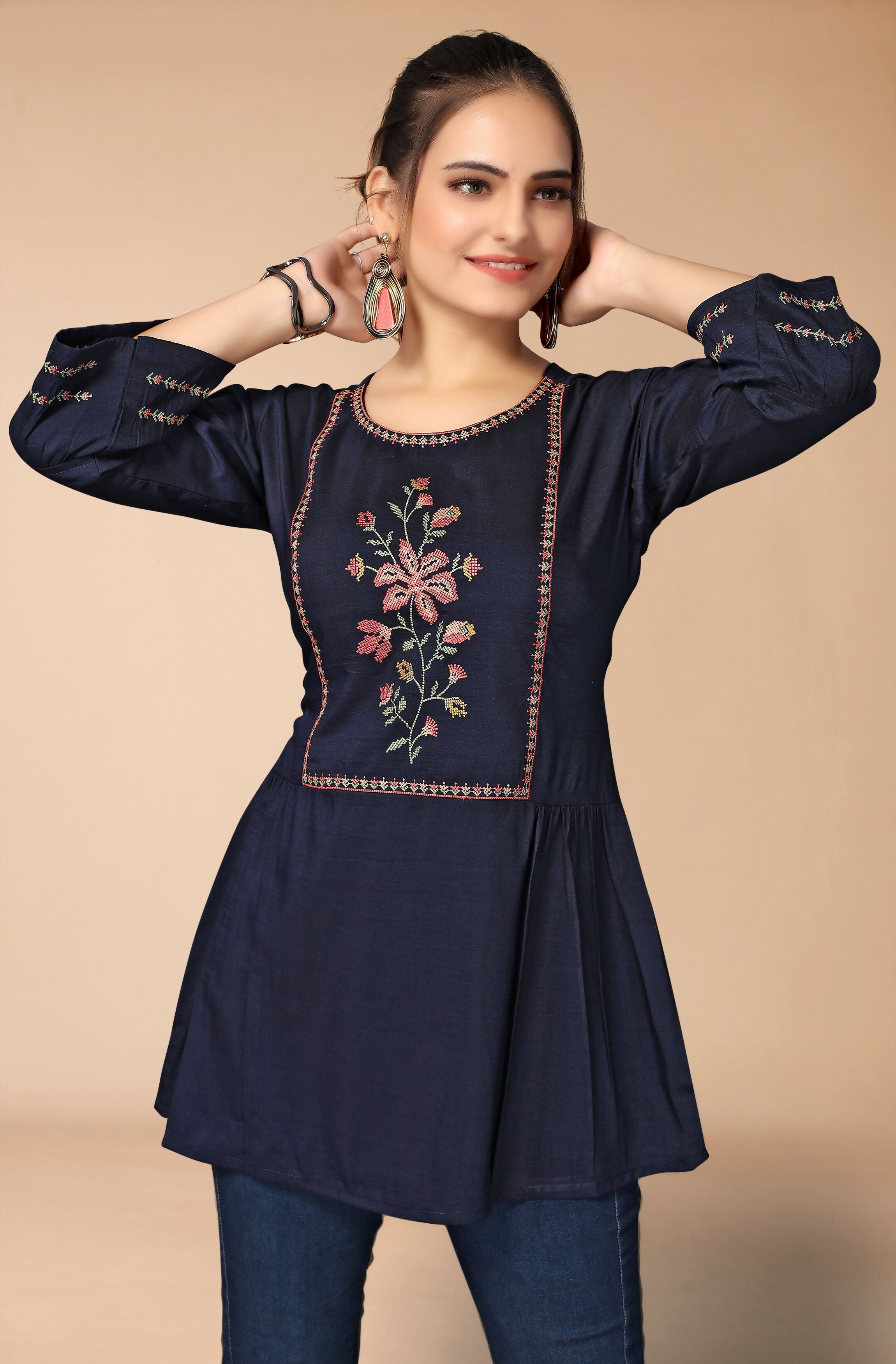 Women's Navy Blue Viscose blend Embroidered Short Top - Marina