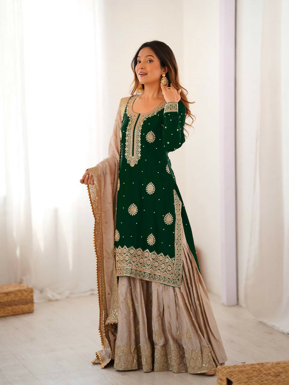 Lehenga Mart Designer Sharara Suit With Kurta, Sharara, Dupatta For Women-Green - Distacart