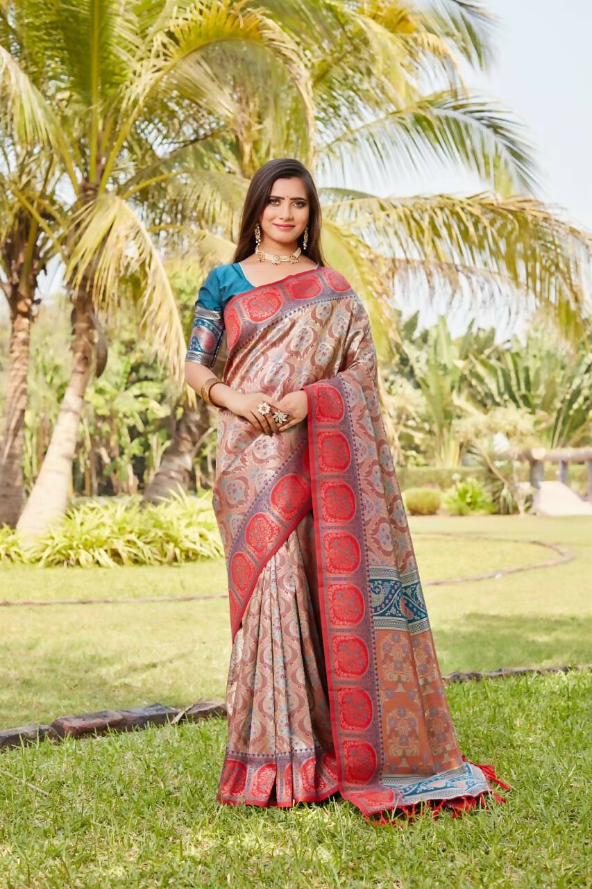 Vastranavya Boutique Collection Kanjivaram Soft Silk Saree With Unstitched Blouse - Light Orange