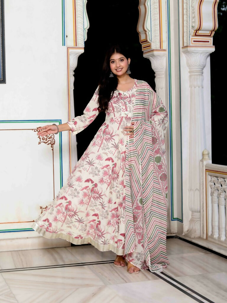 Miravan Women's Light Pink Cotton Birds And Leaf Floral Printed Anarkali Kurta And Dupatta Set