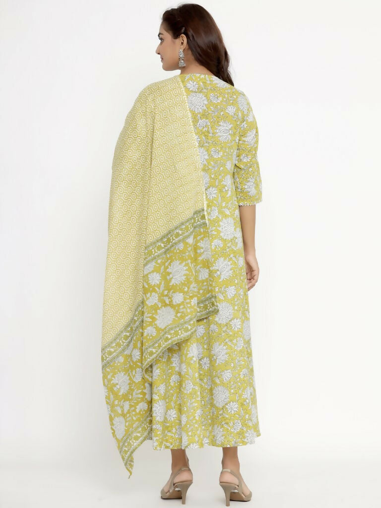 Miravan Women's Cotton Floral Print Anarkali Kurta With Dupatta