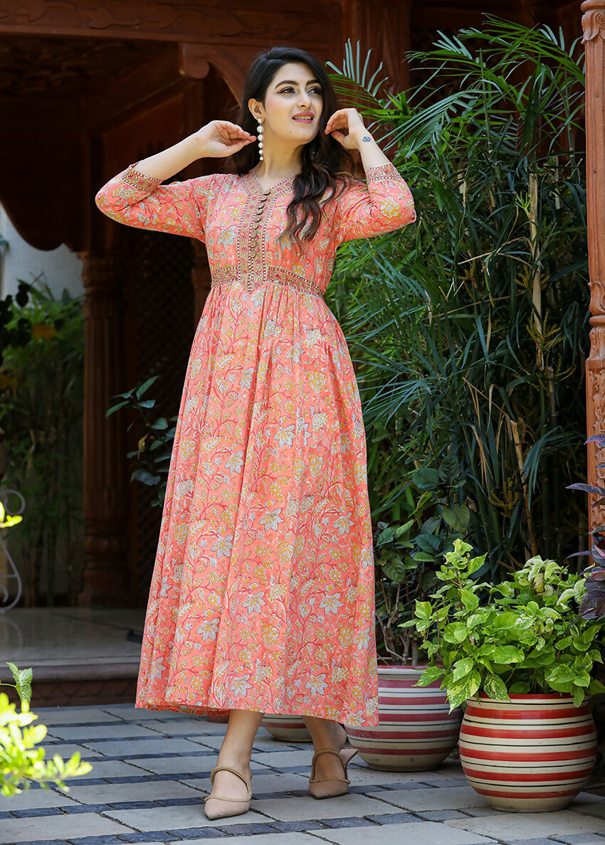 Kaajh Women's Light Orange Floral Handblock Printed Cotton Dress - Distacart