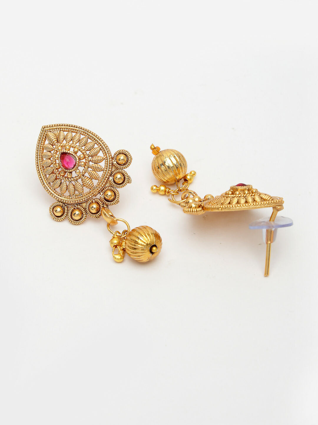 NVR Women's Set of 2 Gold-Polished Pink Stone Studded Jadau Jewellery Set