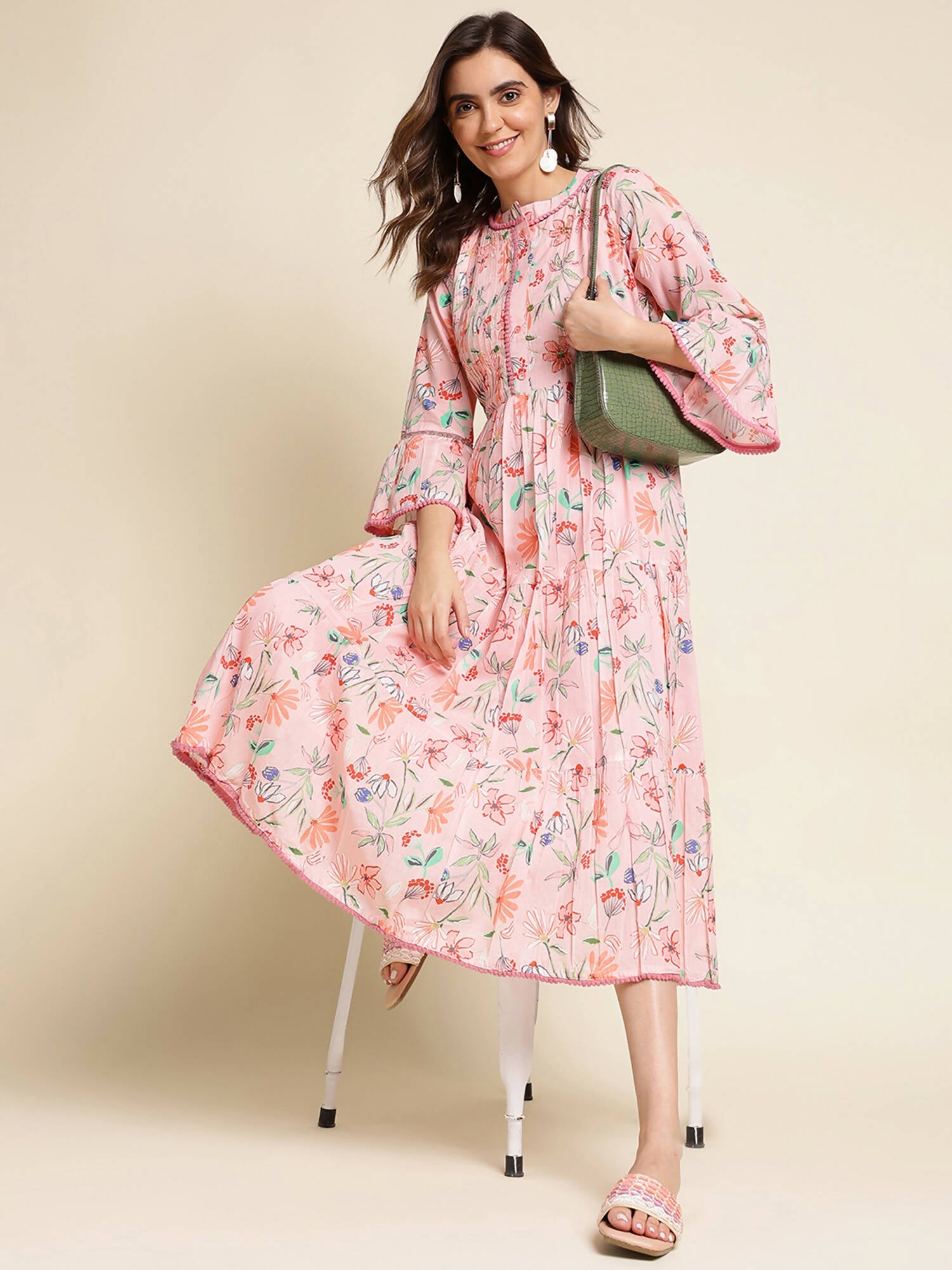 Pink Cotton Floral Printed Dress - Nandani - Distacart