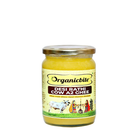 Organicbite Desi Rathi Cow A2 Ghee | Vedic Bilona Method, Curd-Churned Excellence in Grass-Fed Rathi Cow Ghee,Pure & Healthy, Packed in Glass Jar