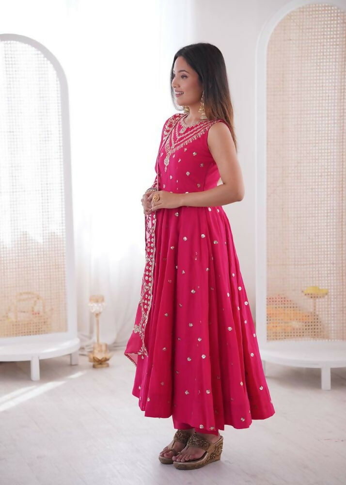 Teeya Creation Pink Color Roman Silk Embroidery Work Party Wear Gown - Distacart