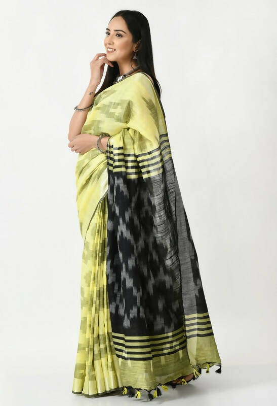 Mominos Fashion Moeza Lemon Yellow & Black Bhagalpuri Handloom Ikat Pure Cotton Saree with unstitched Blouse piece - Distacart