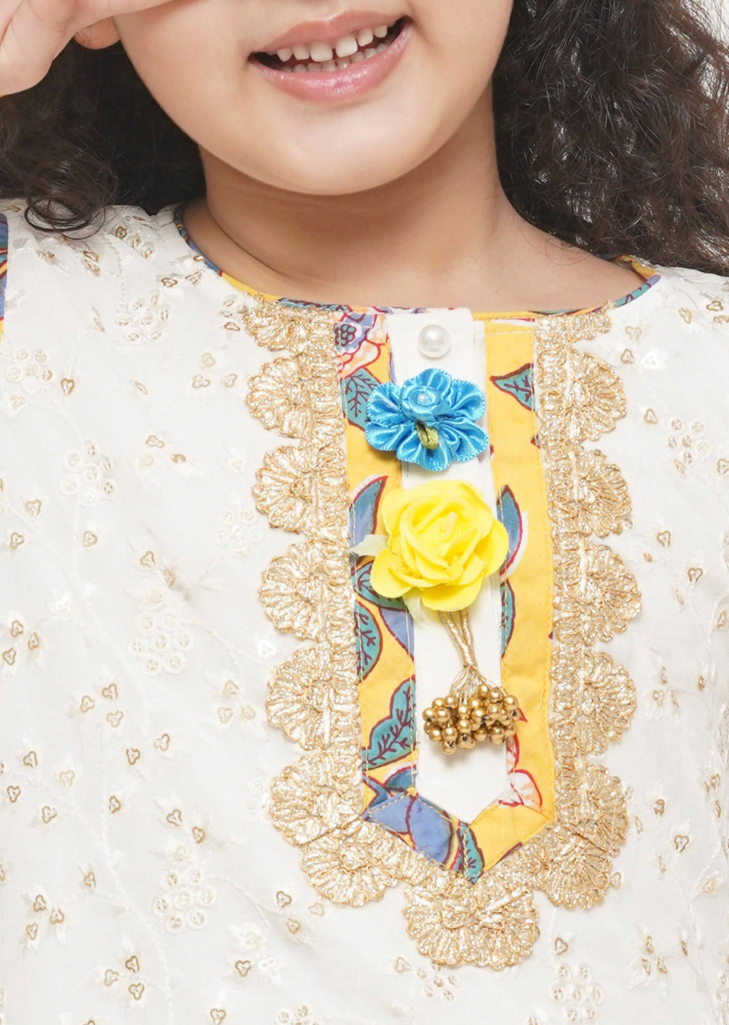 Little Bansi Girls Cotton Embroidery Kurta with Floral Sharara & Dupatta - White & Yellow