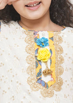 Little Bansi Girls Cotton Embroidery Kurta with Floral Sharara & Dupatta - White & Yellow