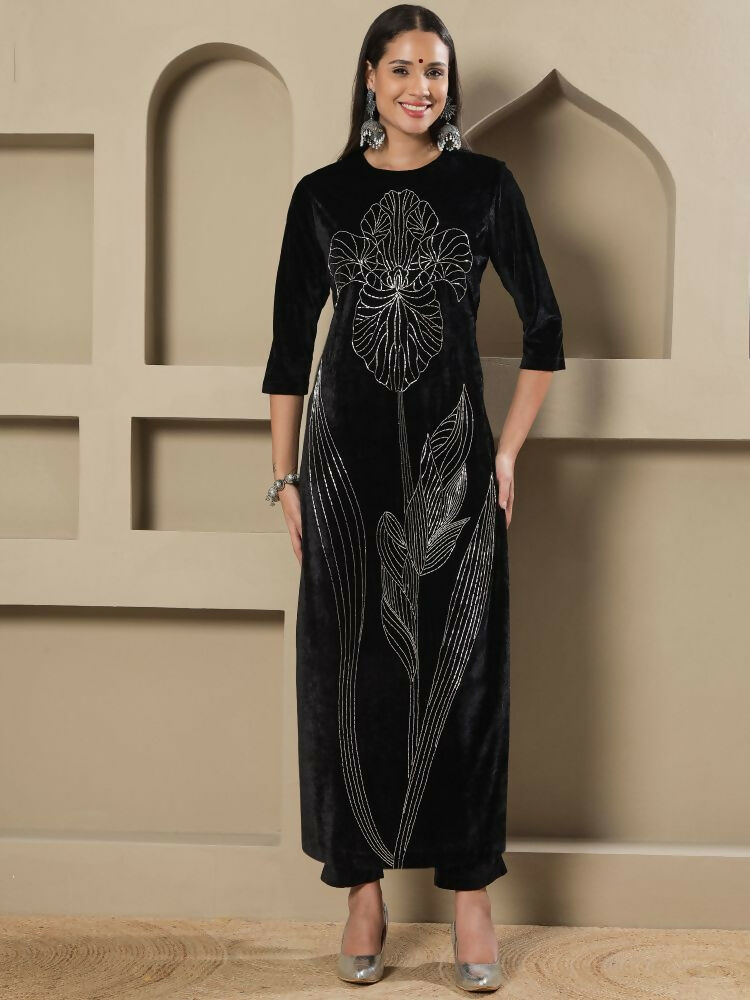 Joban Fashion Women Black Velvet Hand Embellishment Stitched Kurta Set - Distacart