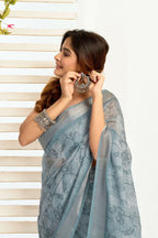 Vastranavya Sea Blue Digital Printed Linen Ready To Wear Designer Saree with Unstitched Blouse - Distacart