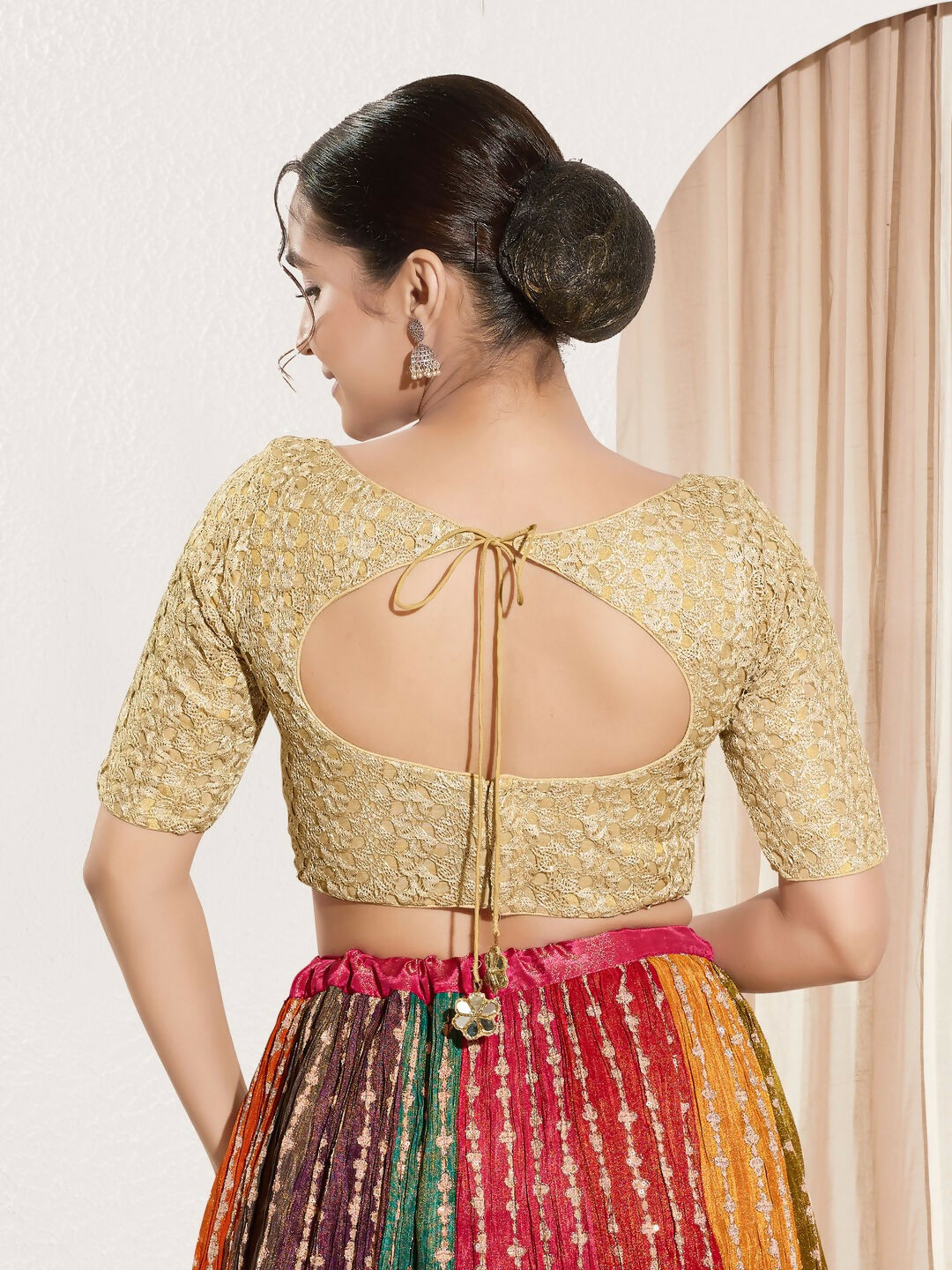 Joban Fashion Gold Crochet Padded Blouse With Sweetheart Neck Elbow Sleeves - Distacart