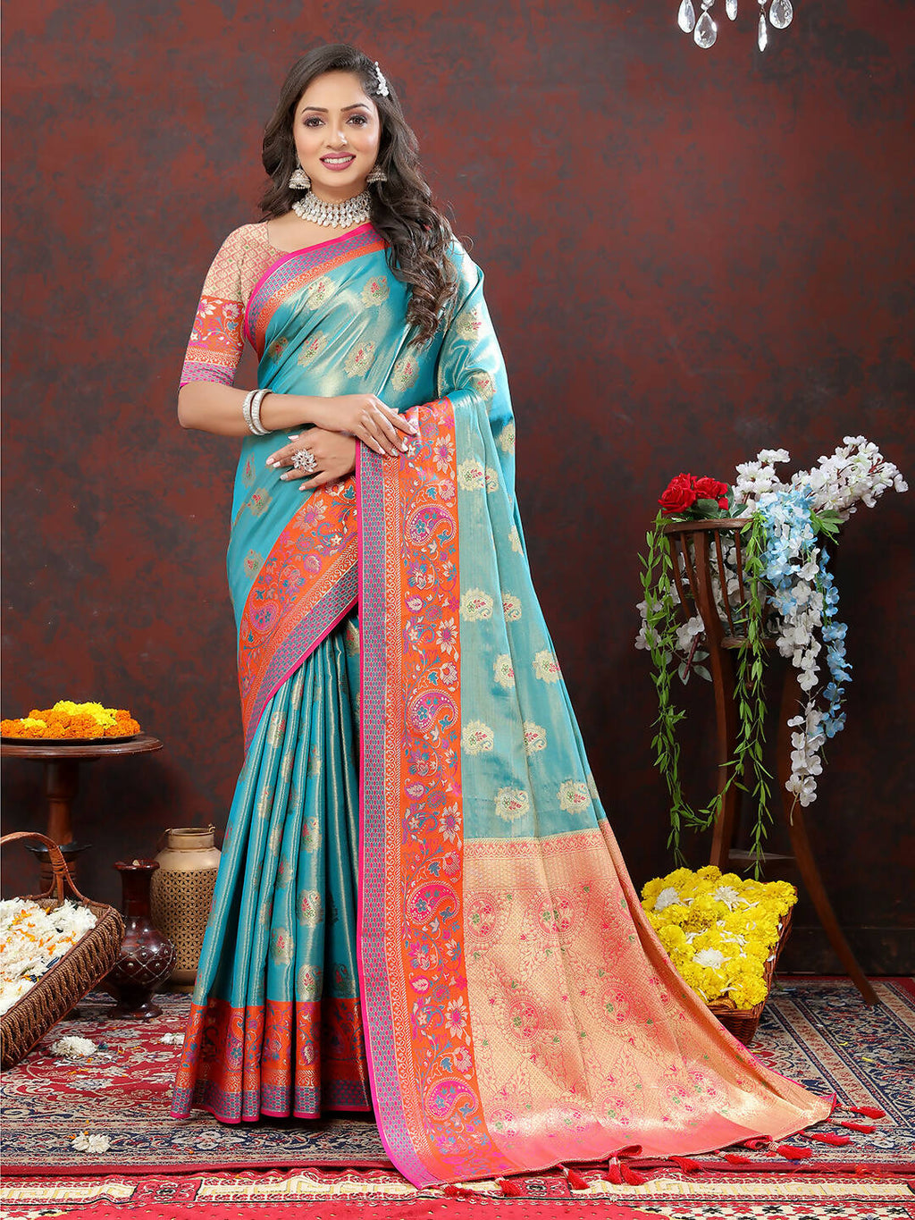 Lorenvalley Fashion Skyblue Kanjivaram Silk Woven Design with Zari Weaving Saree
