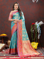 Lorenvalley Fashion Skyblue Kanjivaram Silk Woven Design with Zari Weaving Saree