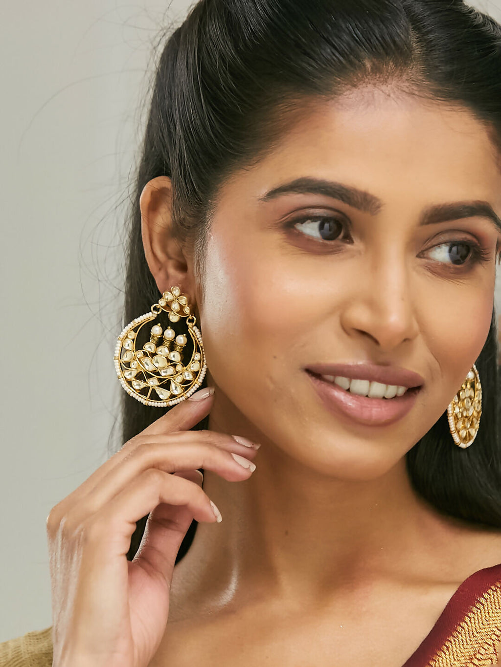 Nuyug 22K Gold-Plated Elegant Kundan Stone Studded & Pearl Beaded Chandbalis - Distacart