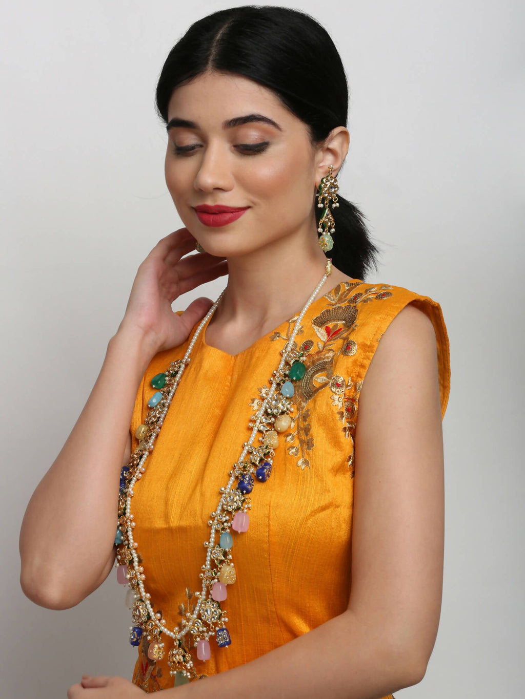 Long Kundan Neckpiece With Studs - Ruby Raang - Distacart