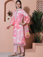 Jyoti Fashion Women's Pink Cotton Floral Digital Print & Floral Embroidered Cutwork Border Sequins Work Kurta with Trouser & Dupatta