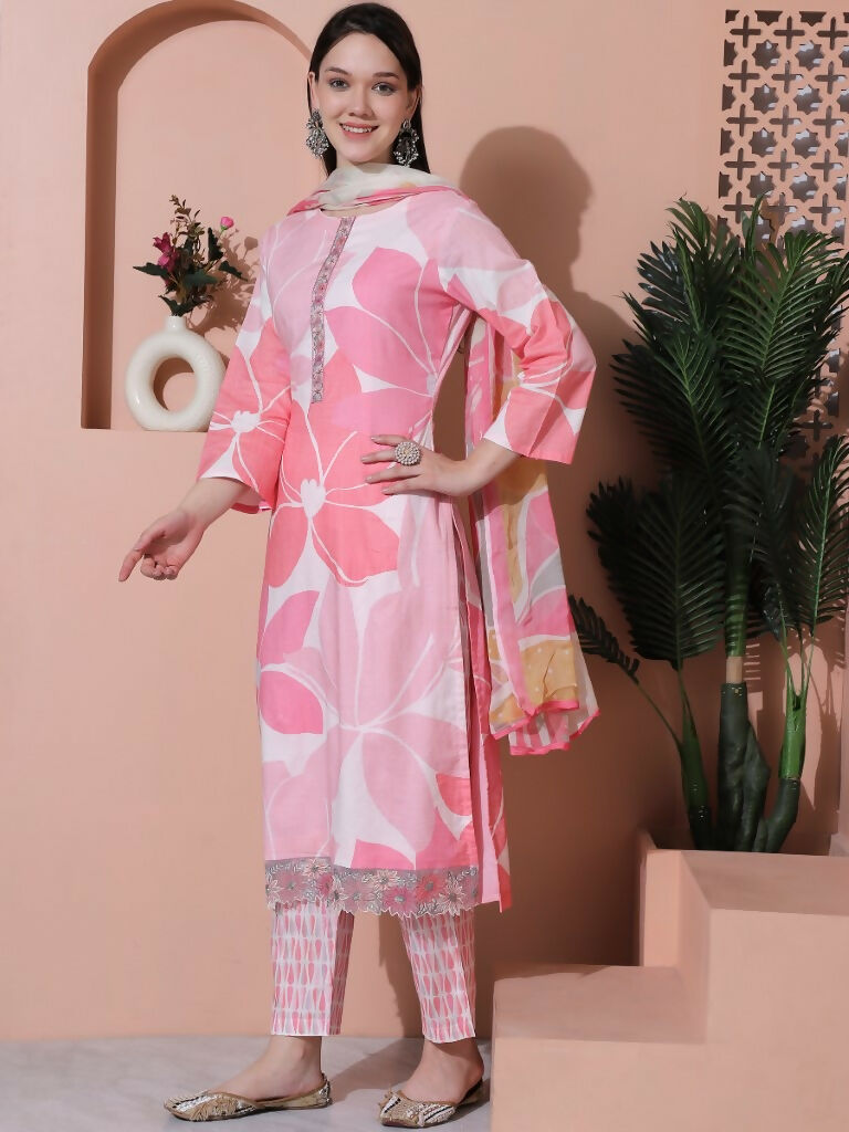 Jyoti Fashion Women's Pink Cotton Floral Digital Print & Floral Embroidered Cutwork Border Sequins Work Kurta with Trouser & Dupatta
