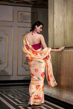 Vastranavya Cream Satin Silk Printed Saree with Hotfix Work Unstitched Blouse