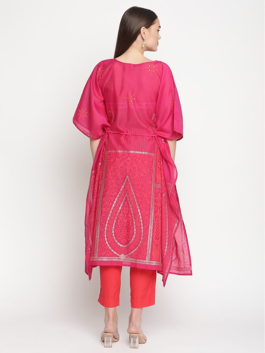 Ahalyaa Pink Chanderi Orange khari Print Kaftan With Trouser