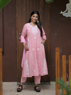 The52 Women's Beautiful Thread Work Cotton satin Fabric Flared Kurta Pant and Dupatta Set - Distacart