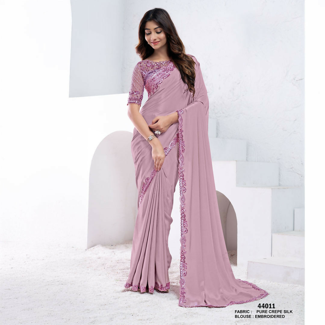 Mauve Pure Crepe Silk Sequence With Hand Work Saree With Unstitched Blouse - Norita Swaraa