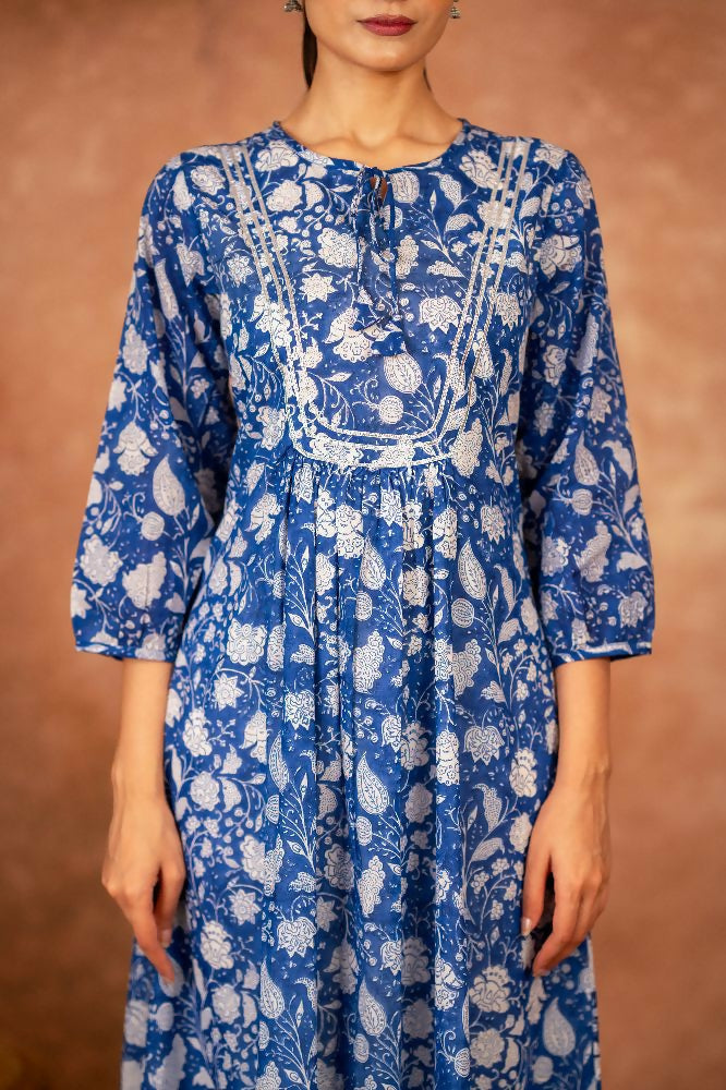 Joban Fashion Blue Floral Hand Block Printed Cotton Kurta Pant Set - Distacart