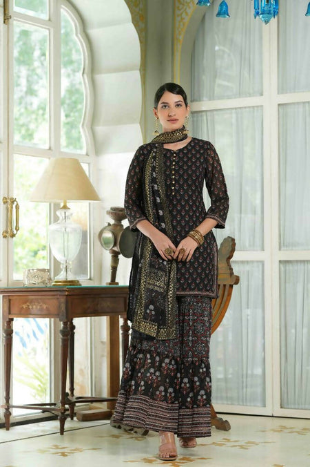 Juniper Black Georgette Festive Floral Print Straight Tunic-Sharara For Women