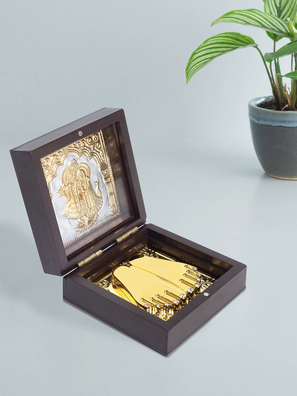 Golden Peacock Black 24 Ct Gold Polished Radha Krishna Wooden Prayer Box