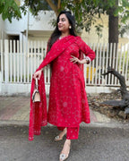 The52 Red Women's Beautiful Rayon Fabric Printed Work Straight Kurta Pant and Dupatta Set - Distacart