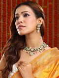 Ruby Raang Gold Polished Green Kundan And Mint Colored Stonework Necklace With Matching Earrings