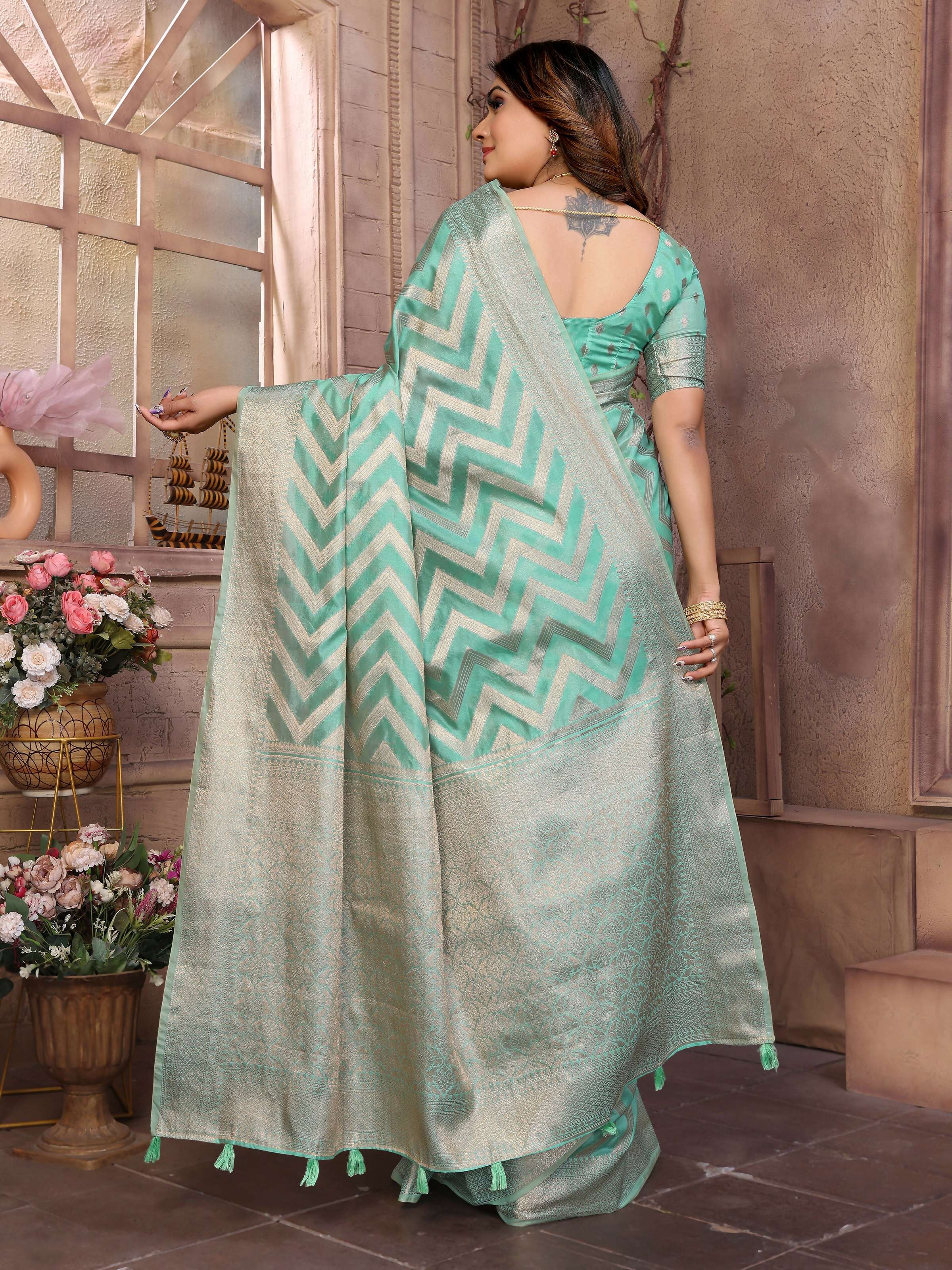 Aastha Fashion Sea Green Soft Organza Silk Weaving Saree - Distacart