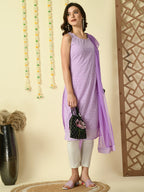 Myshka Women's Lavender Georgette Sleeveless Straight Party Kurta With Dupatta Set