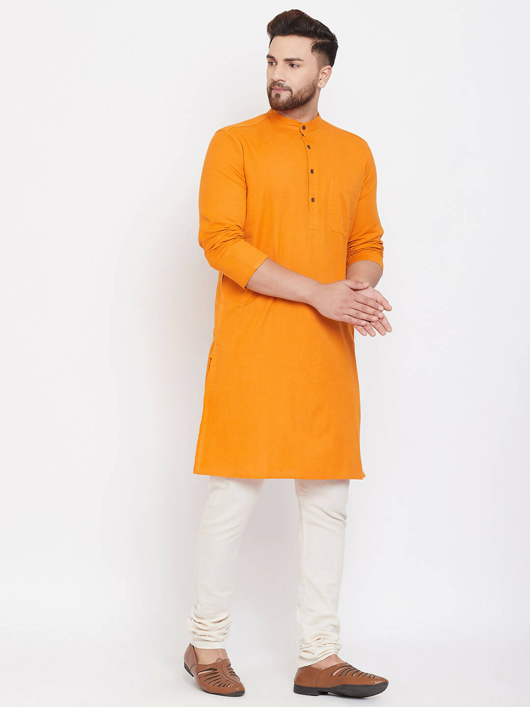 Even Apparels Pure Cotton Men's Kurta With Band Collar in Yellow Color - Distacart