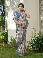 Shree Shyam Fashion Cream With Blue Silk Blend Saree - Distacart
