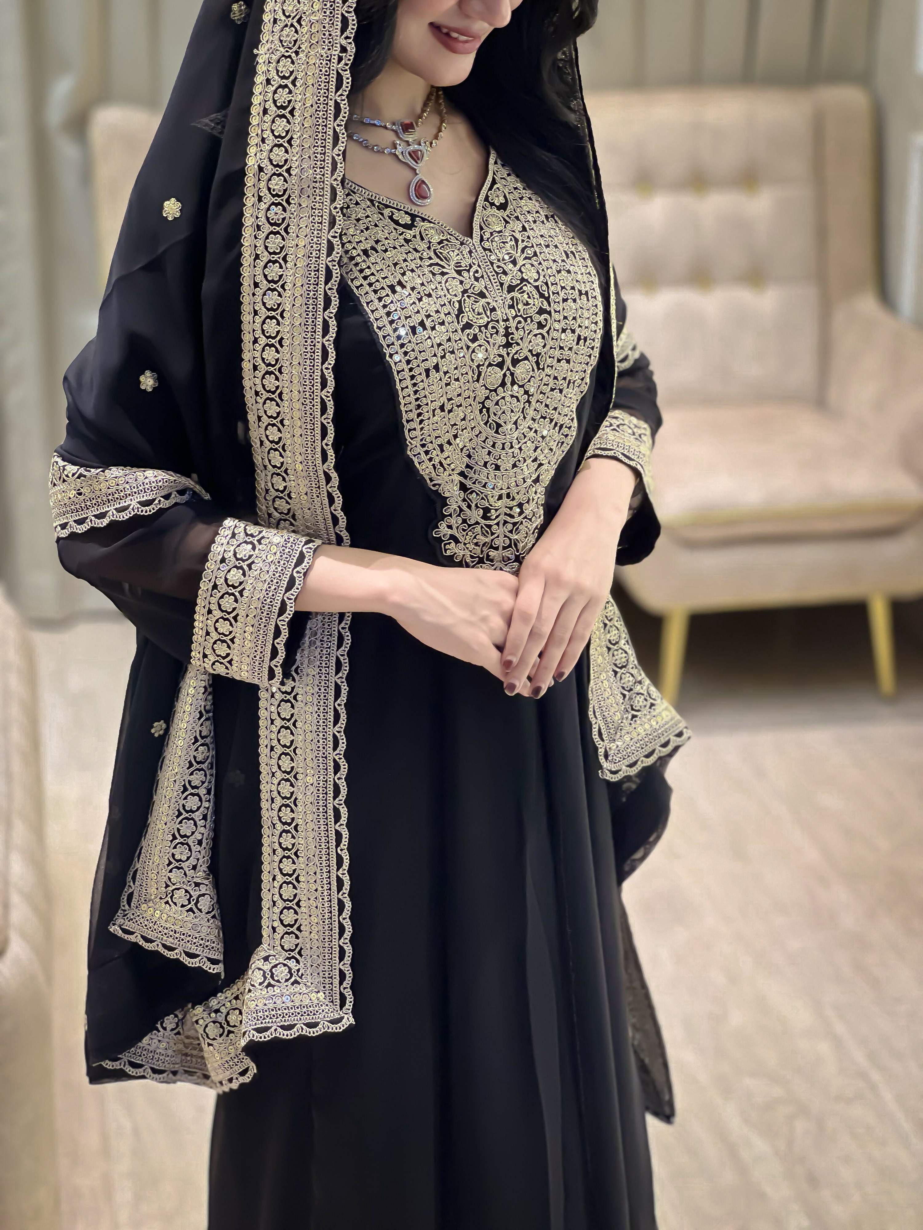 Teeya Creation Black Color Faux Georgette Embroidery Work Long Party Wear Gown