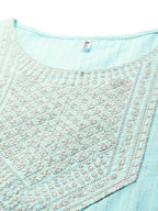 Yufta Women Turquoise Blue Yoke Design Mirror Work Kurta