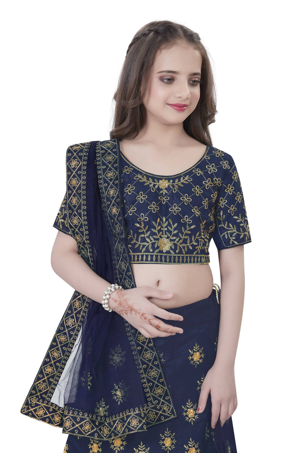 Dwiden Navy Blue Lehriyu Tafetta Sattin Semi-Stitched Girl's Lehenga Choli