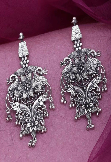 Mominos Fashion Joharkamal Silver-Plated Peacock Design Drop Earrings For Women